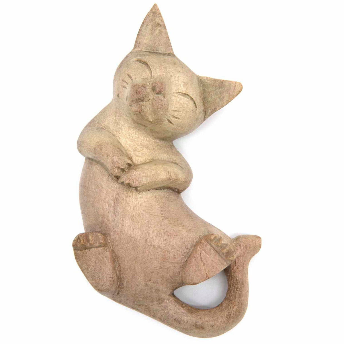 Pale wood playing cat carving, sitting back with paws raised, three-quarter view, Indonesia
