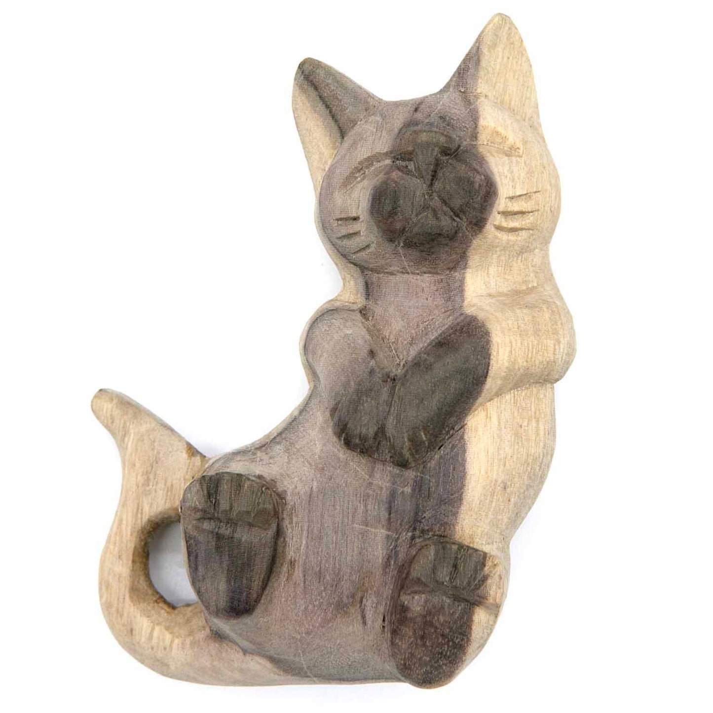 Playing cat carving, three-quarter view showing grey and pale wood two-tone finish