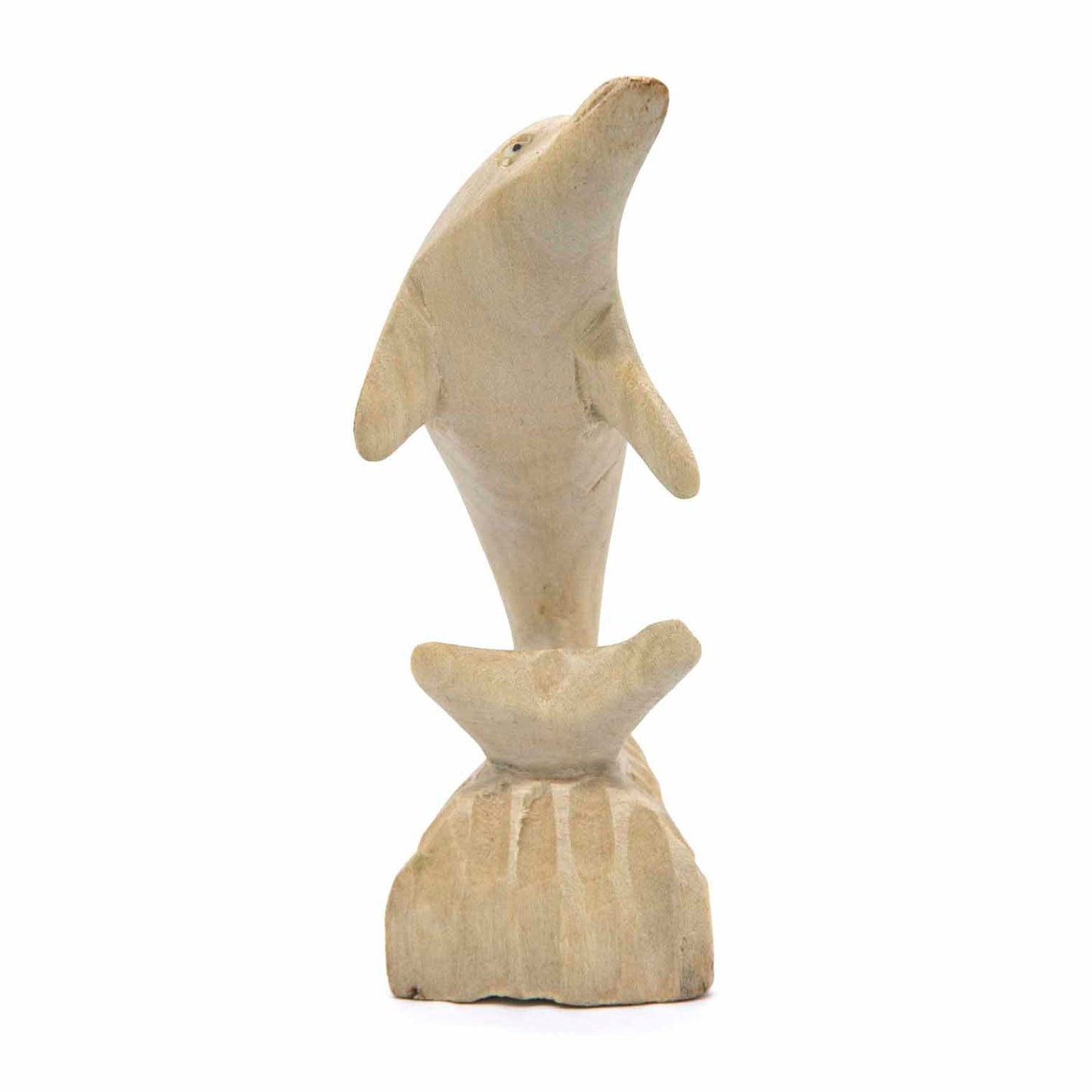 Hand-carved dolphin figurine, front view showing snout and fins, bleached wood finish
