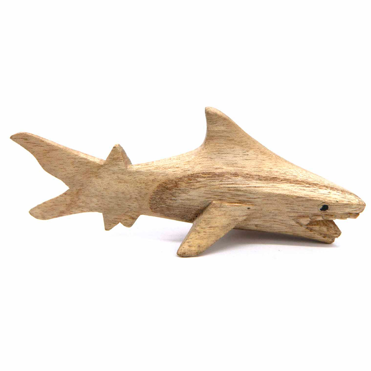 Horizontal wooden shark carving in natural amber-stained finish with visible grain and swept tail