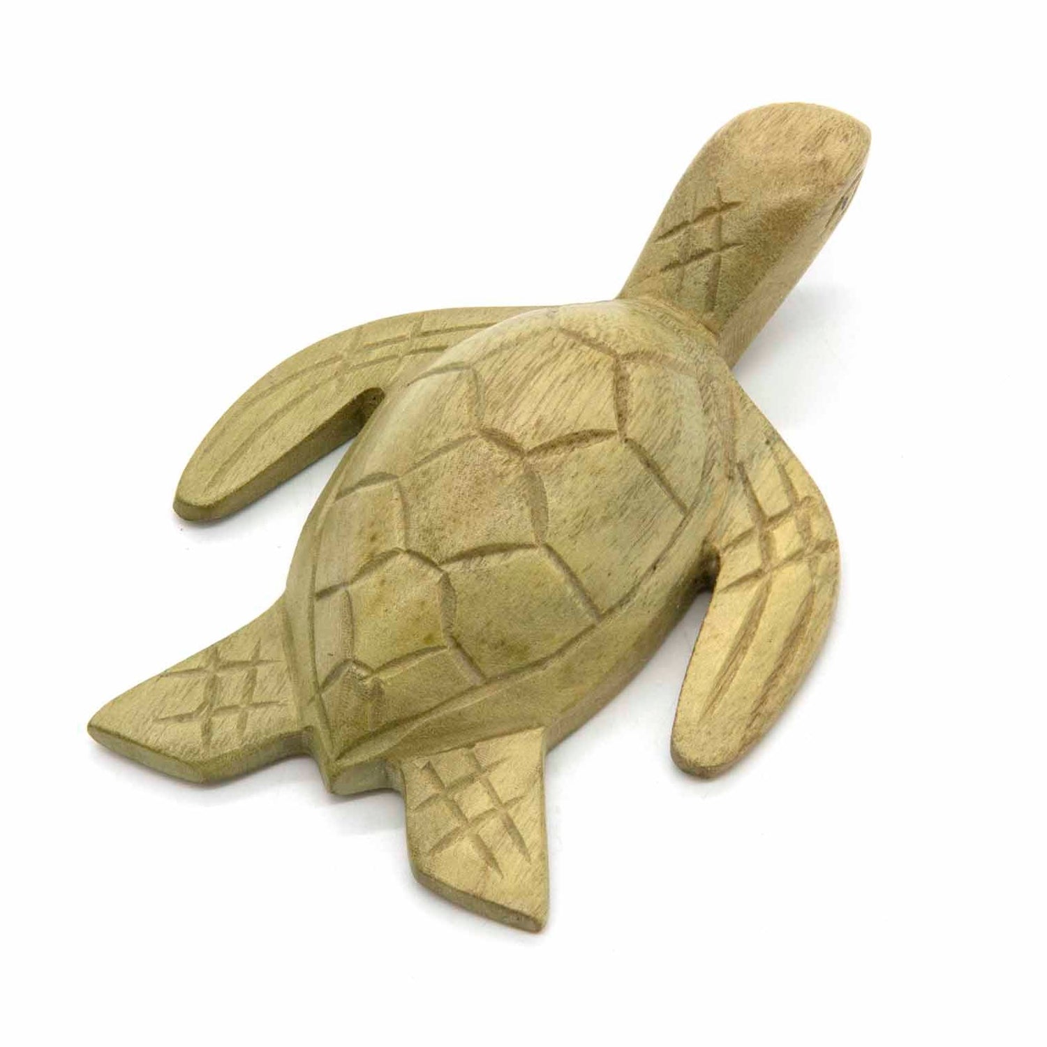 Pale wood sea turtle carving, top view showing faceted shell and spread flippers, Indonesia