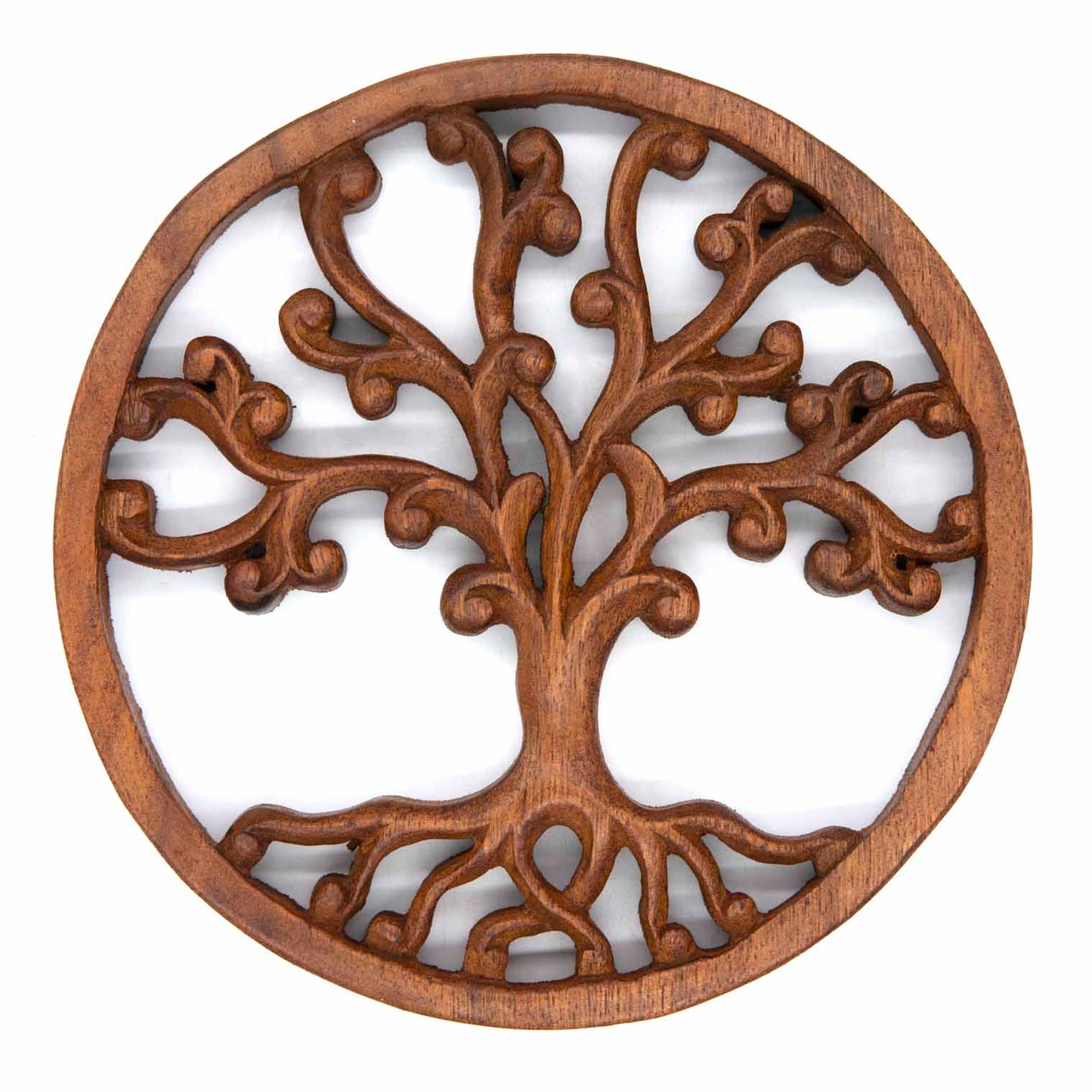 Round Tree of Life wood plaque with curling branches and bud tips, warm brown finish, front view on white background
