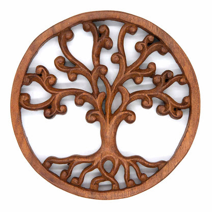 Round Tree of Life wood plaque with curling branches and bud tips, warm brown finish, front view on white background