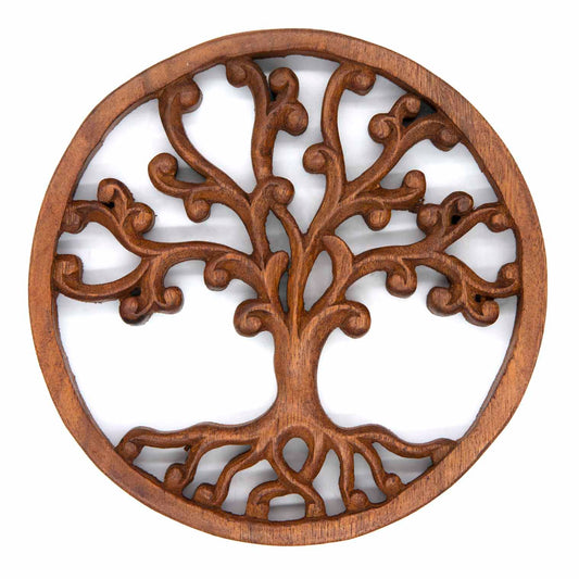Round Tree of Life wood plaque with curling branches and bud tips, warm brown finish, front view on white background