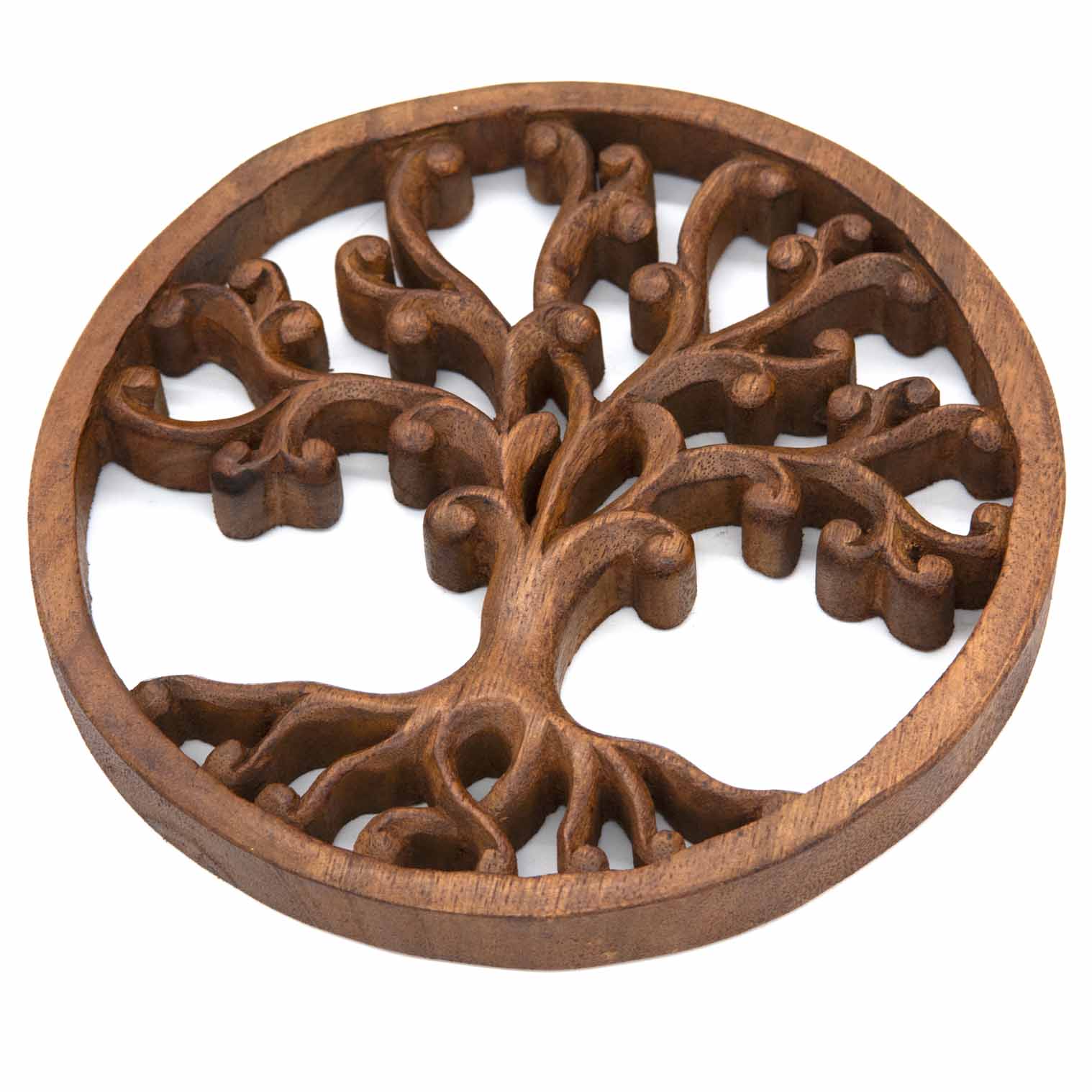 Curling Tree of Life round plaque at an angle showing 2cm depth of carved wood and smooth turned outer ring