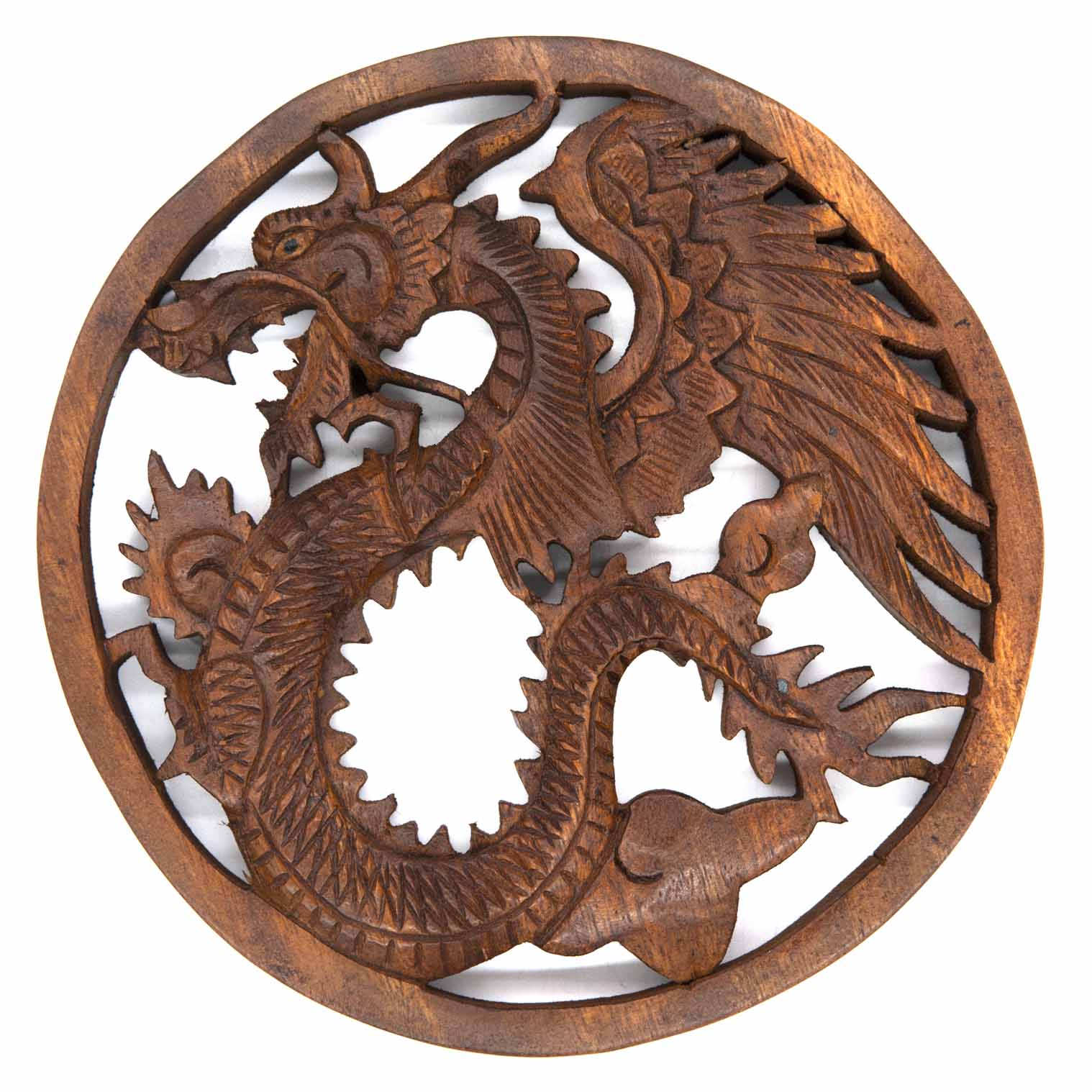 Round wood dragon plaque with coiling scaled body carved in relief and pierced through, warm brown finish, front view