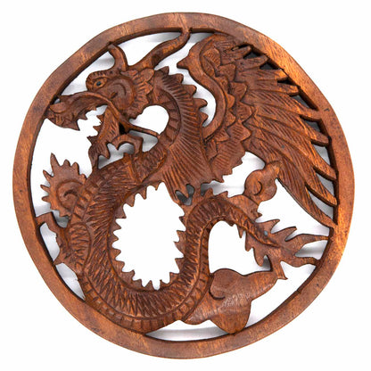 Round wood dragon plaque with coiling scaled body carved in relief and pierced through, warm brown finish, front view