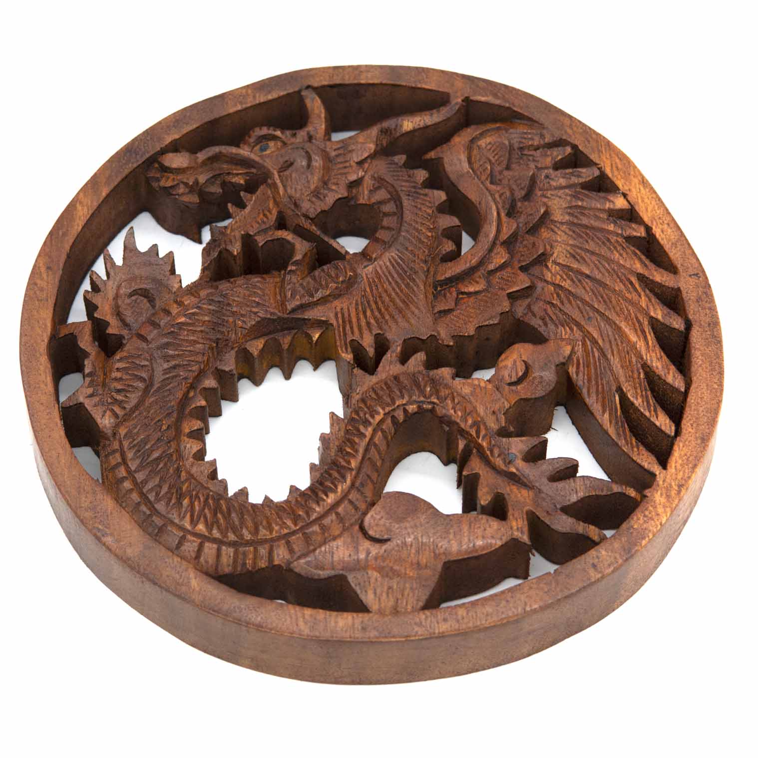 Dragon wood plaque at an angle showing 2cm depth of carved relief and warm brown grain on white background
