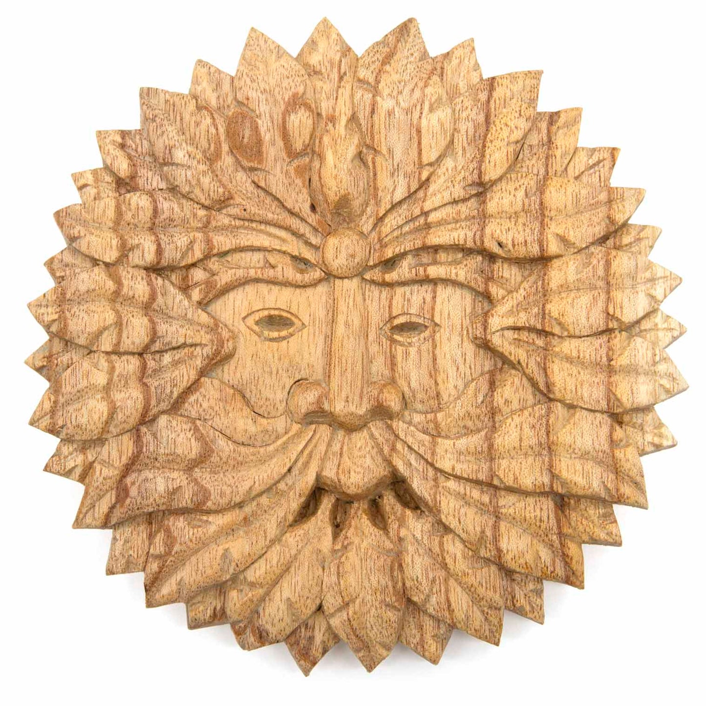 Front view of round Green Man carved wood plaque on white background, pale natural stain showing grain through leaves