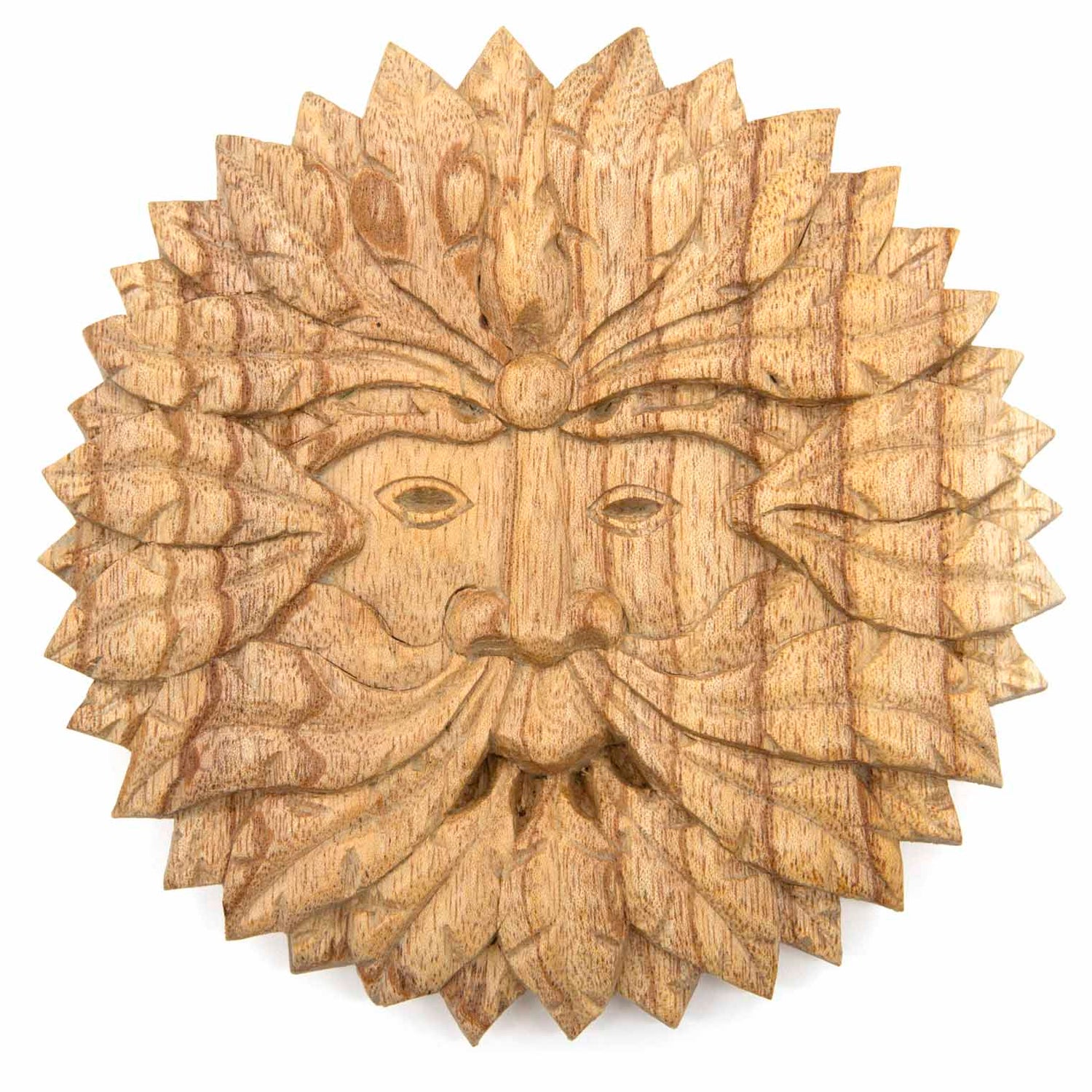 Front view of round Green Man carved wood plaque on white background, pale natural stain showing grain through leaves
