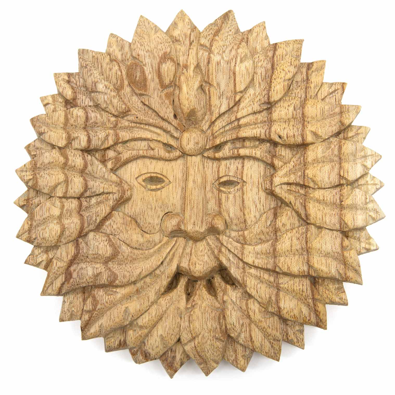 Front view of round Green Man carved wood plaque on white background, pale natural stain showing grain through leaves