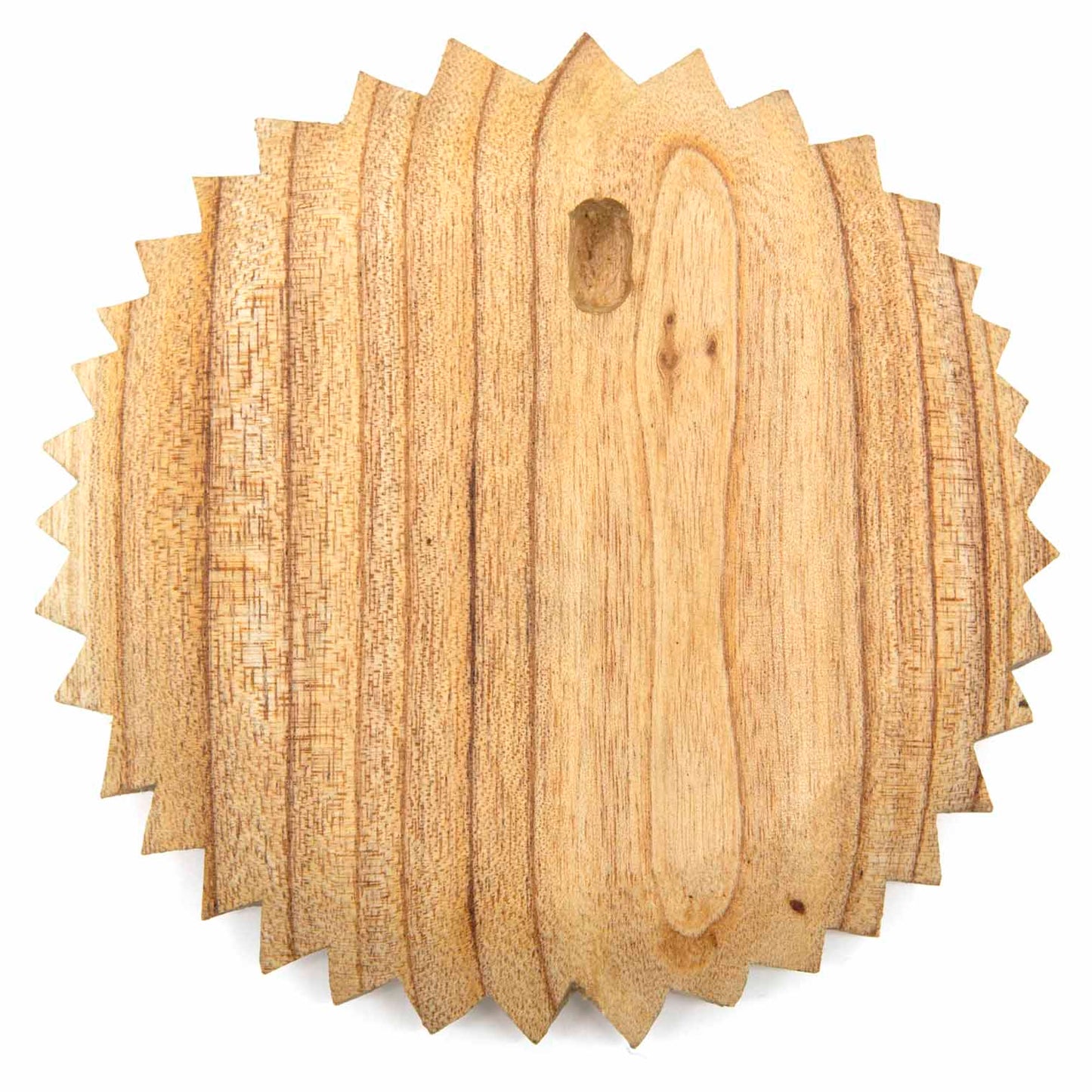 Reverse of Green Man round wood plaque showing plain pale wood back and keyhole hanging slot