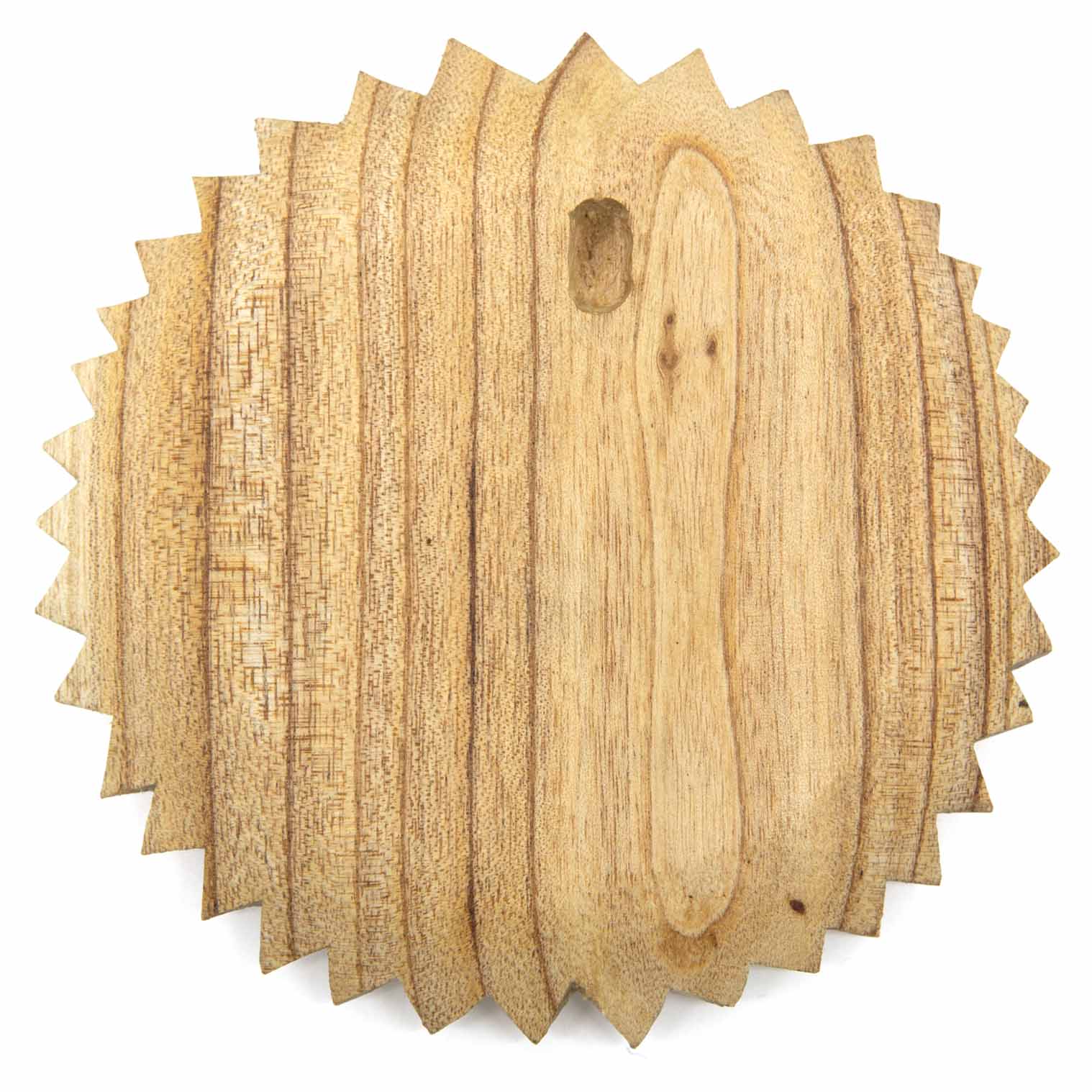 Reverse of Green Man round wood plaque showing plain pale wood back and keyhole hanging slot