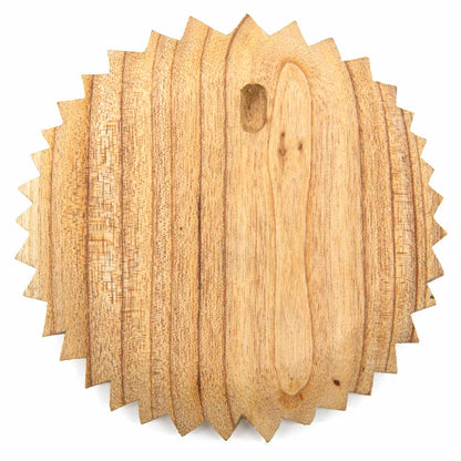 Reverse of Green Man round wood plaque showing plain pale wood back and keyhole hanging slot