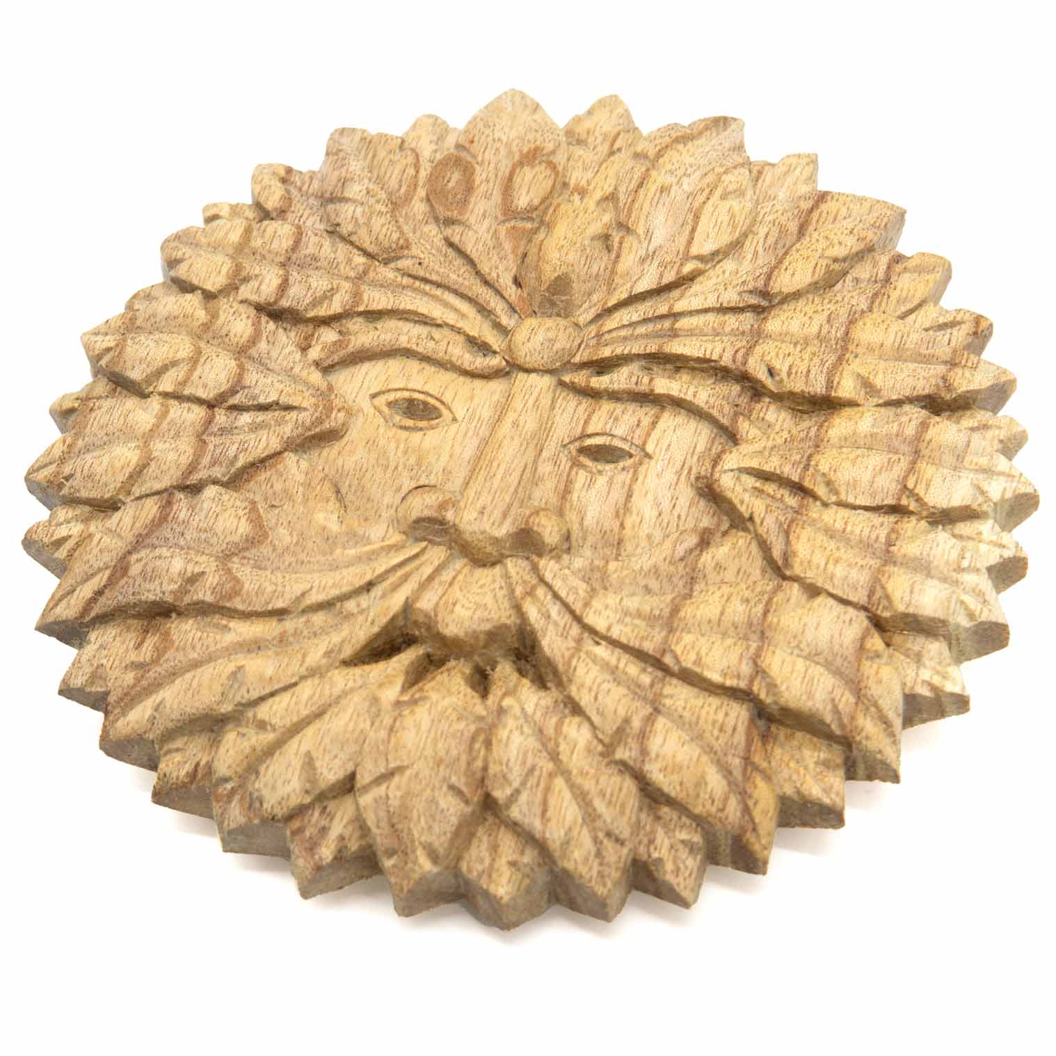 Green Man wood plaque at an angle on white background showing 1cm depth and layered leaf carving