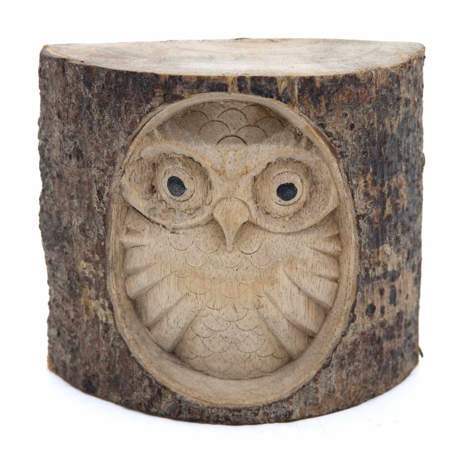 Carved owl in log section, straight front view on white background showing pale inner wood and dark bark frame