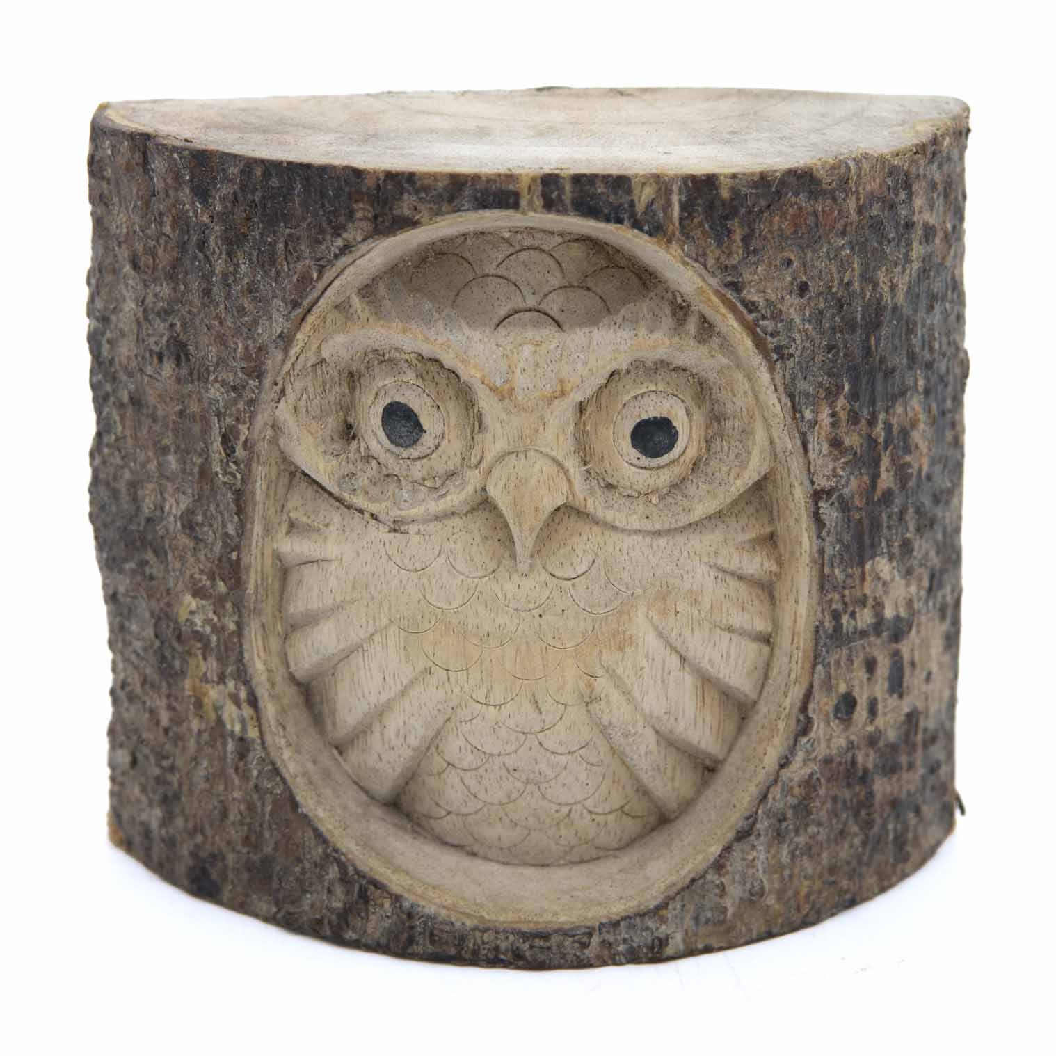 Carved owl in log section, straight front view on white background showing pale inner wood and dark bark frame
