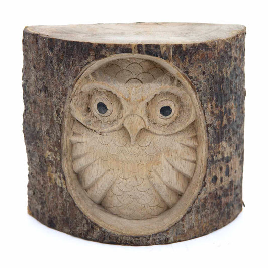 Carved owl in log section, straight front view on white background showing pale inner wood and dark bark frame