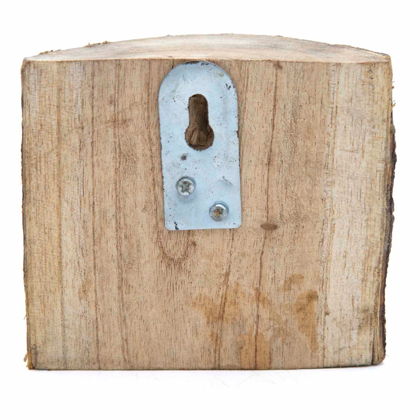 Reverse of carved owl log section showing raw wood grain and keyhole wall-hanging bracket