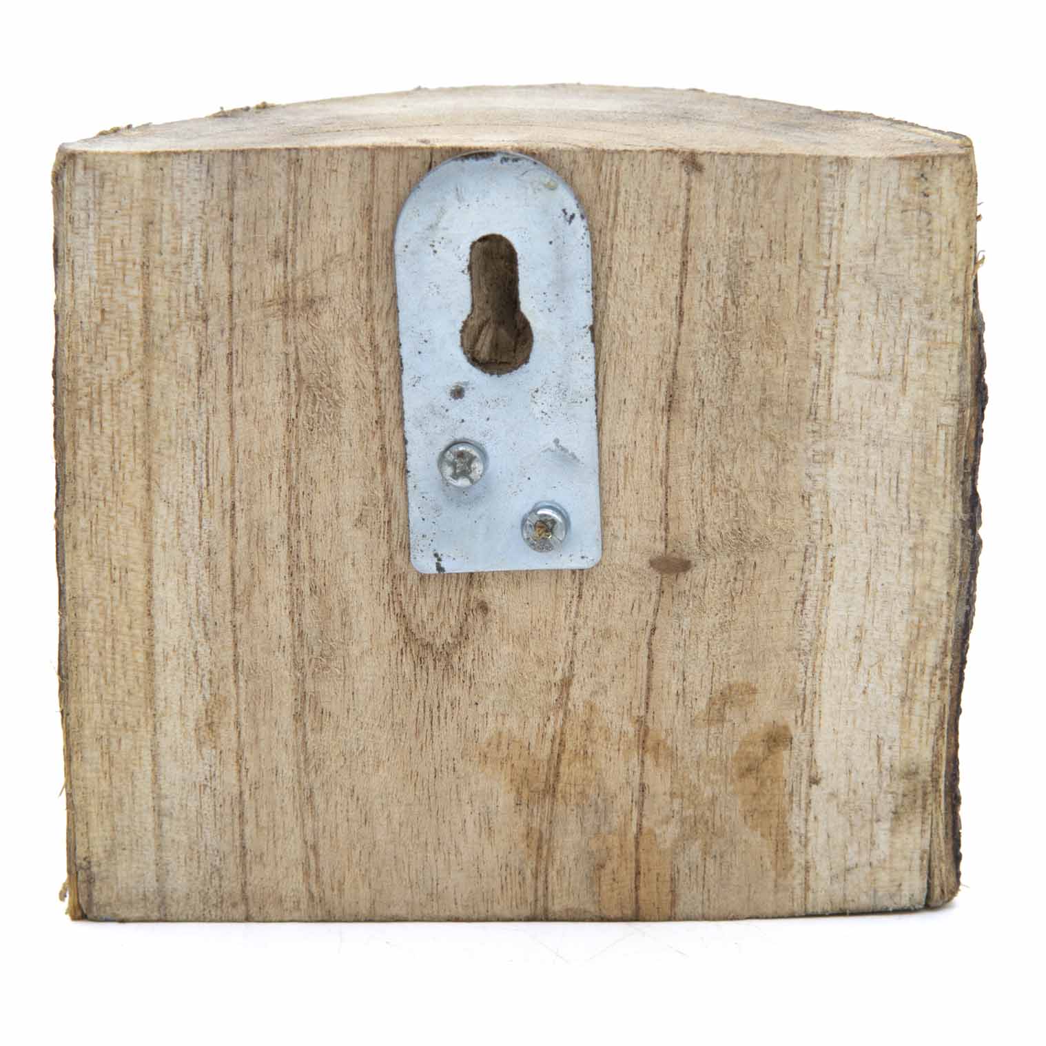 Reverse of carved owl log section showing raw wood grain and keyhole wall-hanging bracket