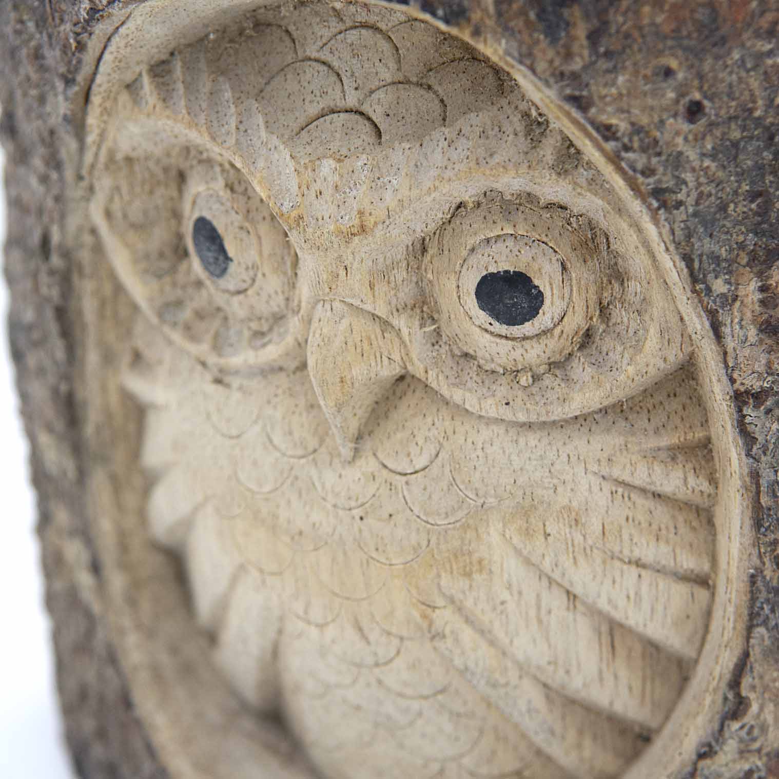 Close detail of owl face carved in pale wood showing feather scales, disc eyes and hooked beak