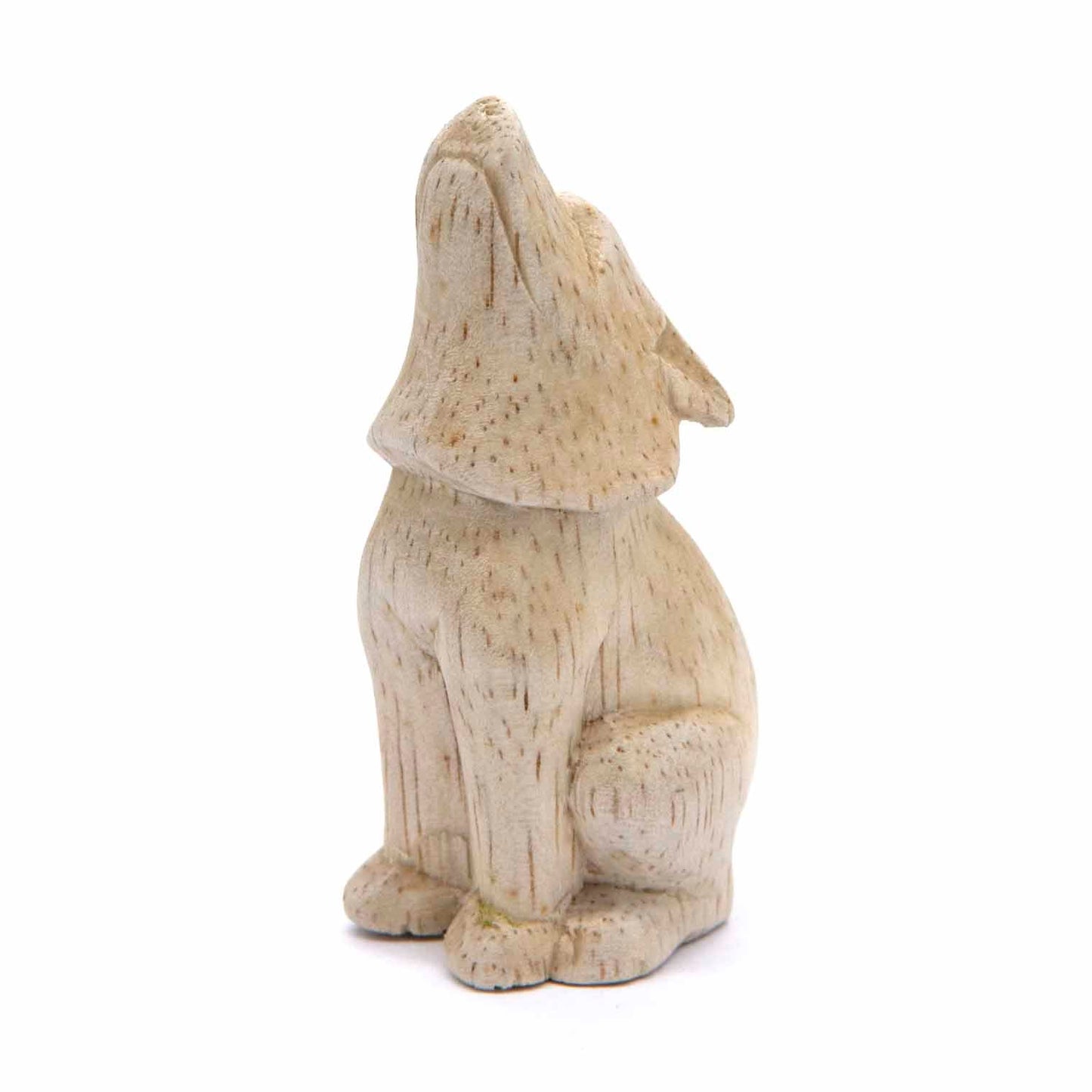 Mini howling wolf wood carving, three-quarter front view showing muzzle raised, pale grain