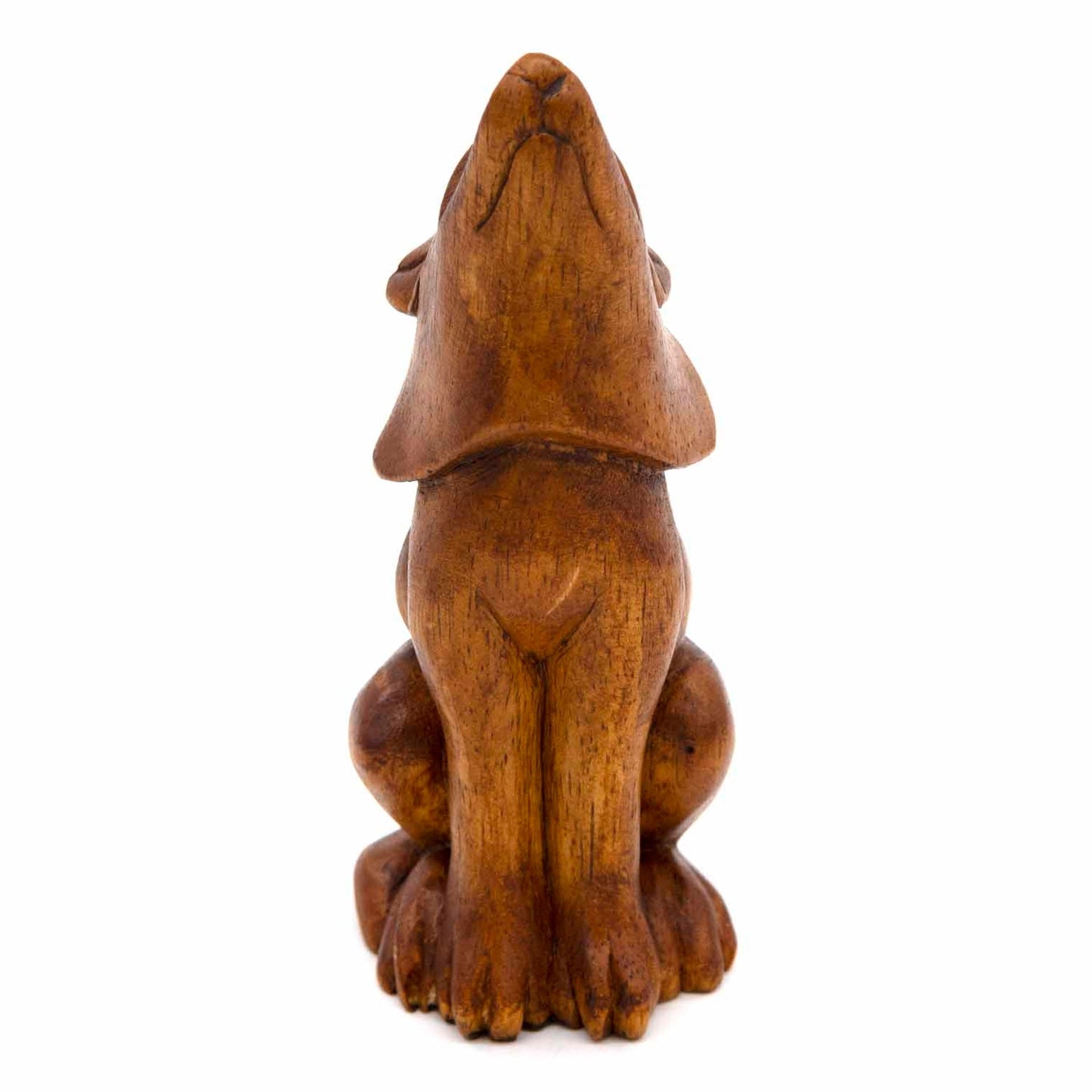 Hand-carved wolf figurine, rear view showing smooth amber wood body and folded ears