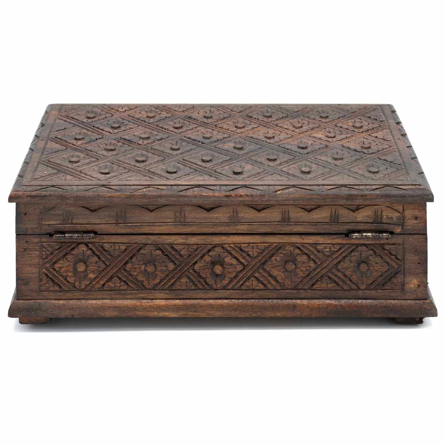Rear view of carved wood jewellery box showing metal hinges and continuous diamond relief carving on back panel