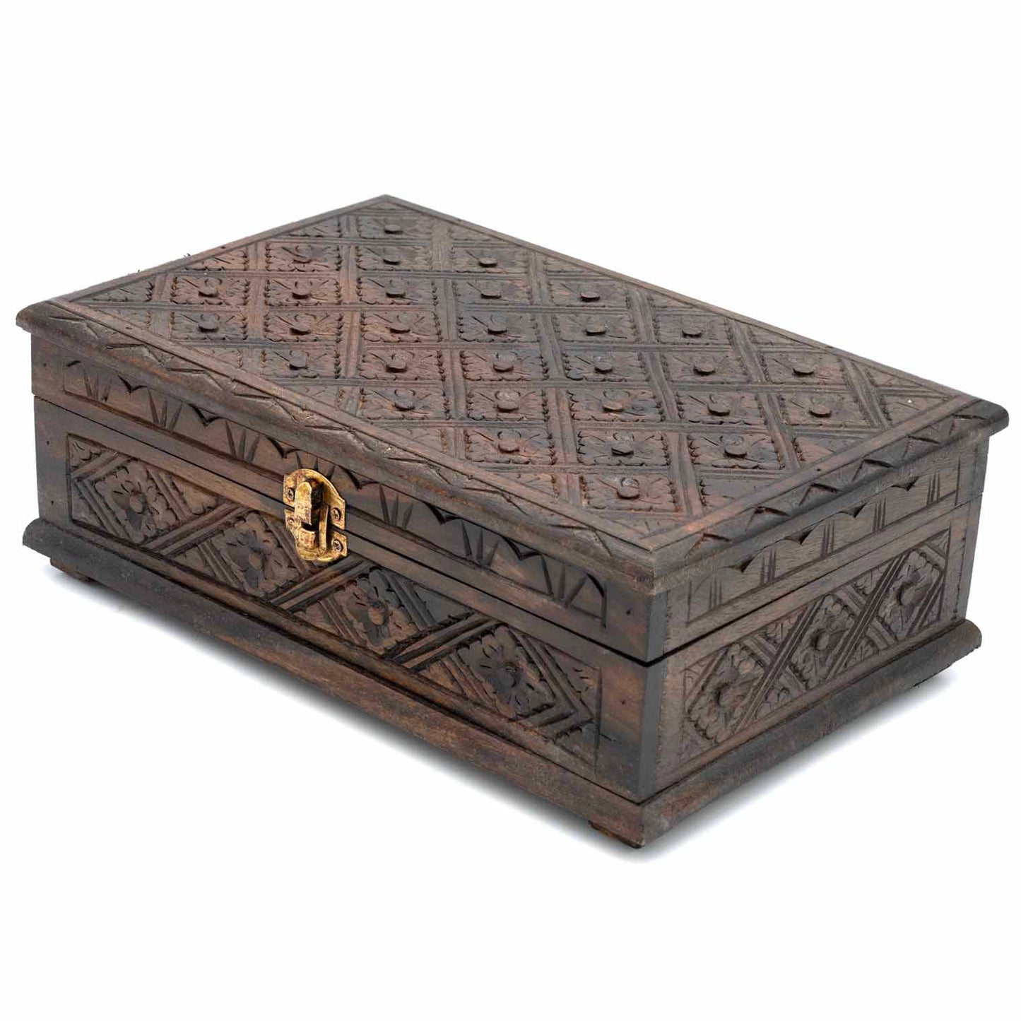 Three-quarter front view of dark carved jewellery box, lid slightly angled to show depth of relief pattern