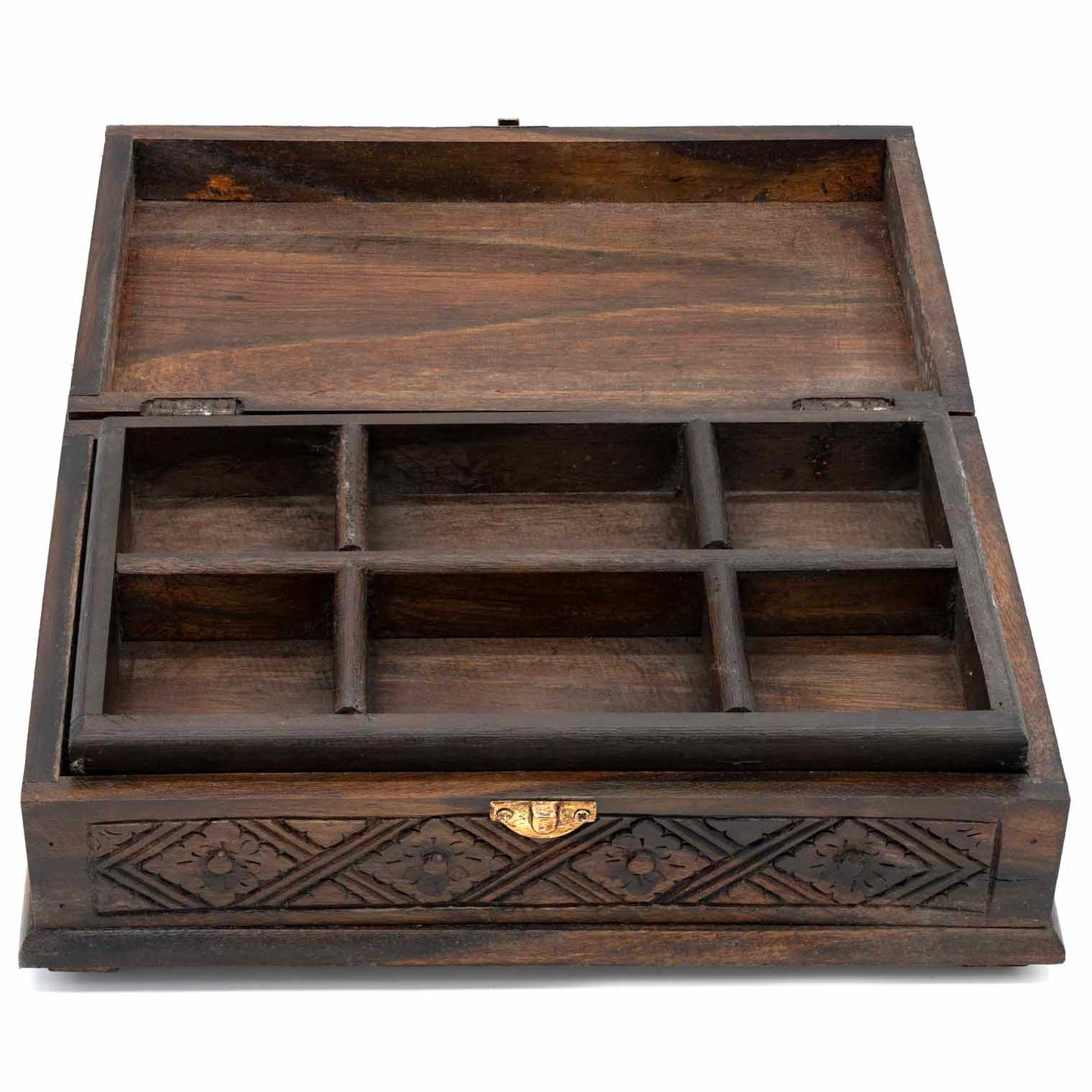Open carved wood jewellery box showing removable divided tray with multiple compartments inside