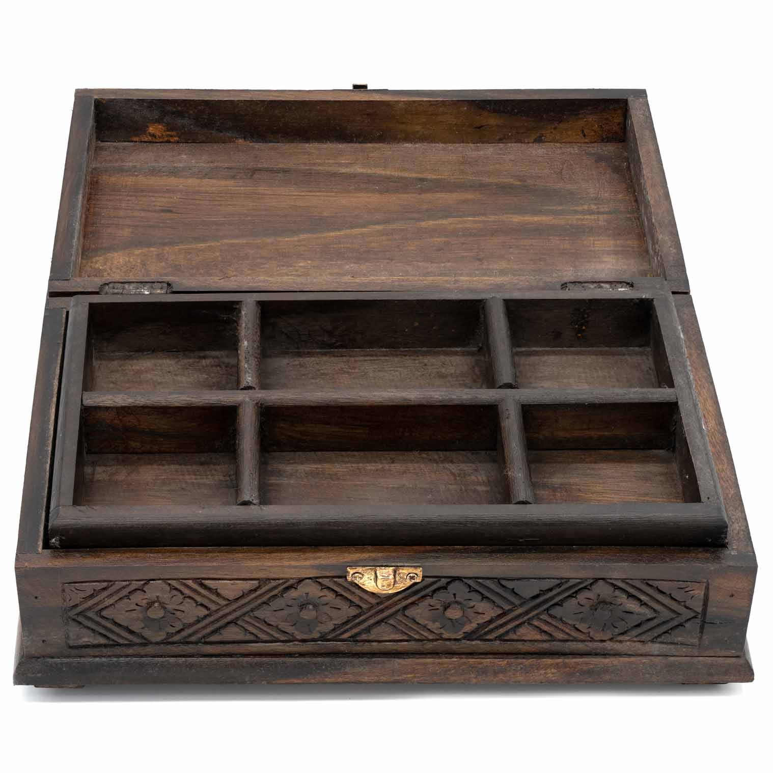 Open carved wood jewellery box showing removable divided tray with multiple compartments inside