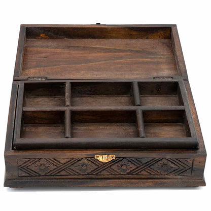 Open carved wood jewellery box showing removable divided tray with multiple compartments inside