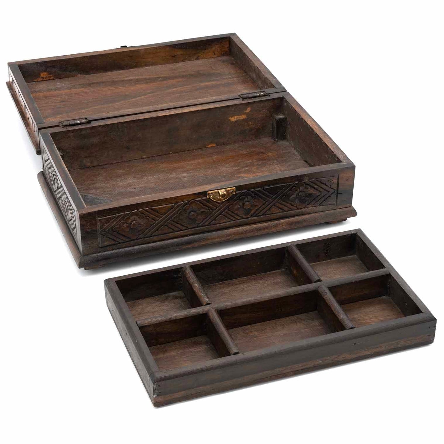 Open jewellery box with removable tray lifted out and placed separately, showing deeper storage compartment below