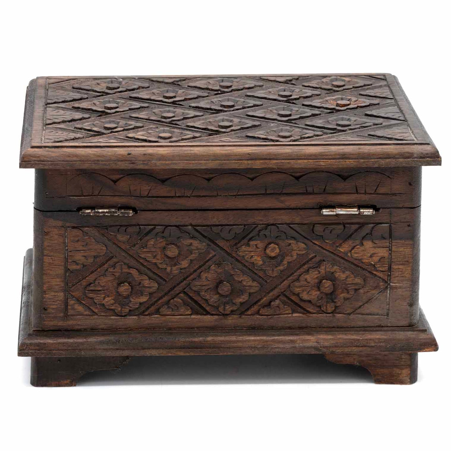 Side view of carved wood jewellery chest showing bracket feet, hinges and continuous geometric carving