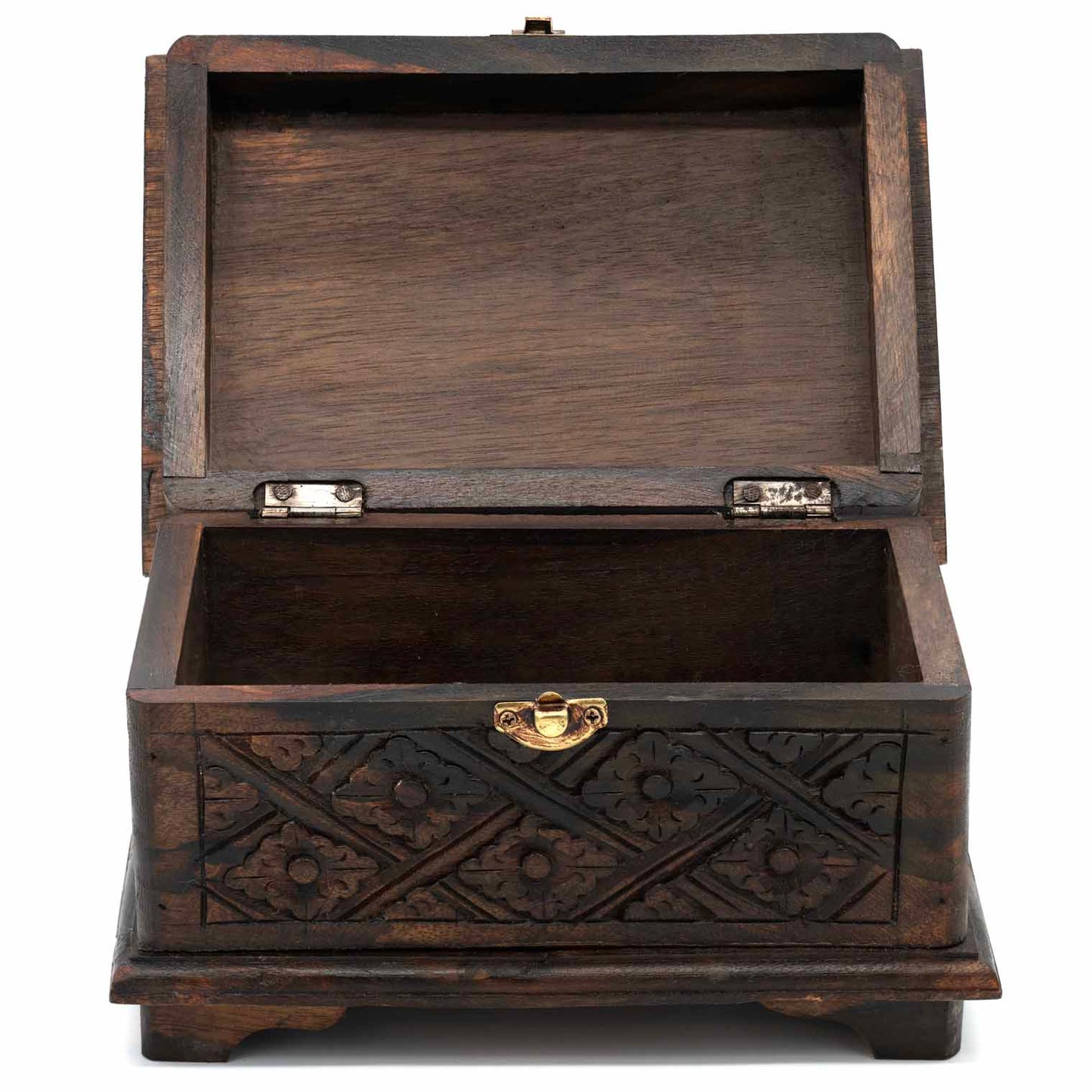Open carved wood jewellery chest showing plain smooth interior compartment and metal hinge detail