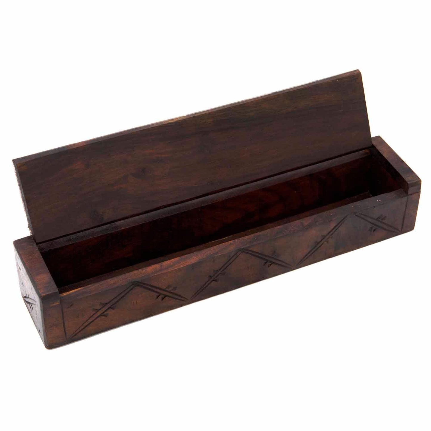 Long carved wood box open, showing plain dark interior channel and simple lattice carving on the sides