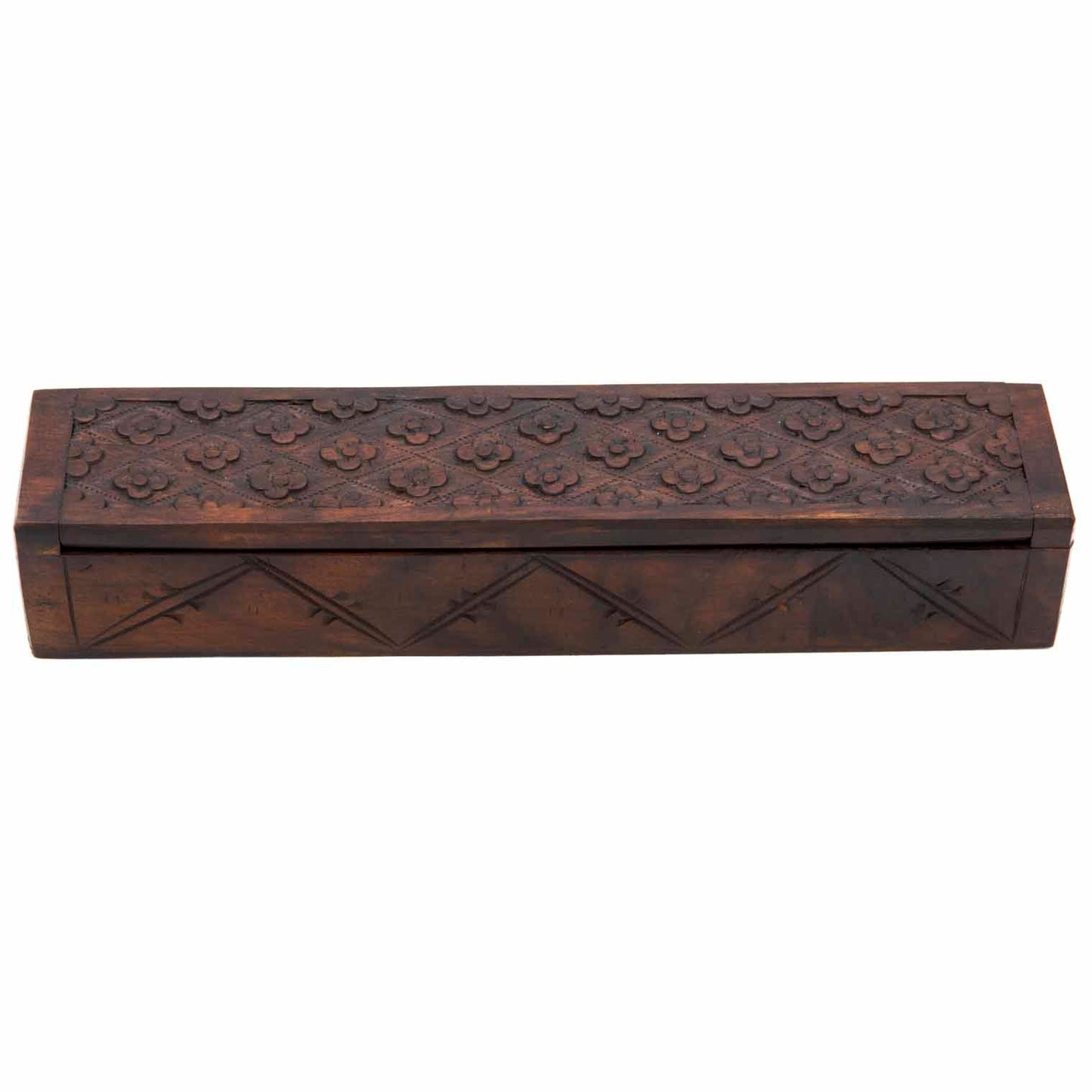 Top-down view of long carved wooden box showing full flower relief pattern across the hinged lid