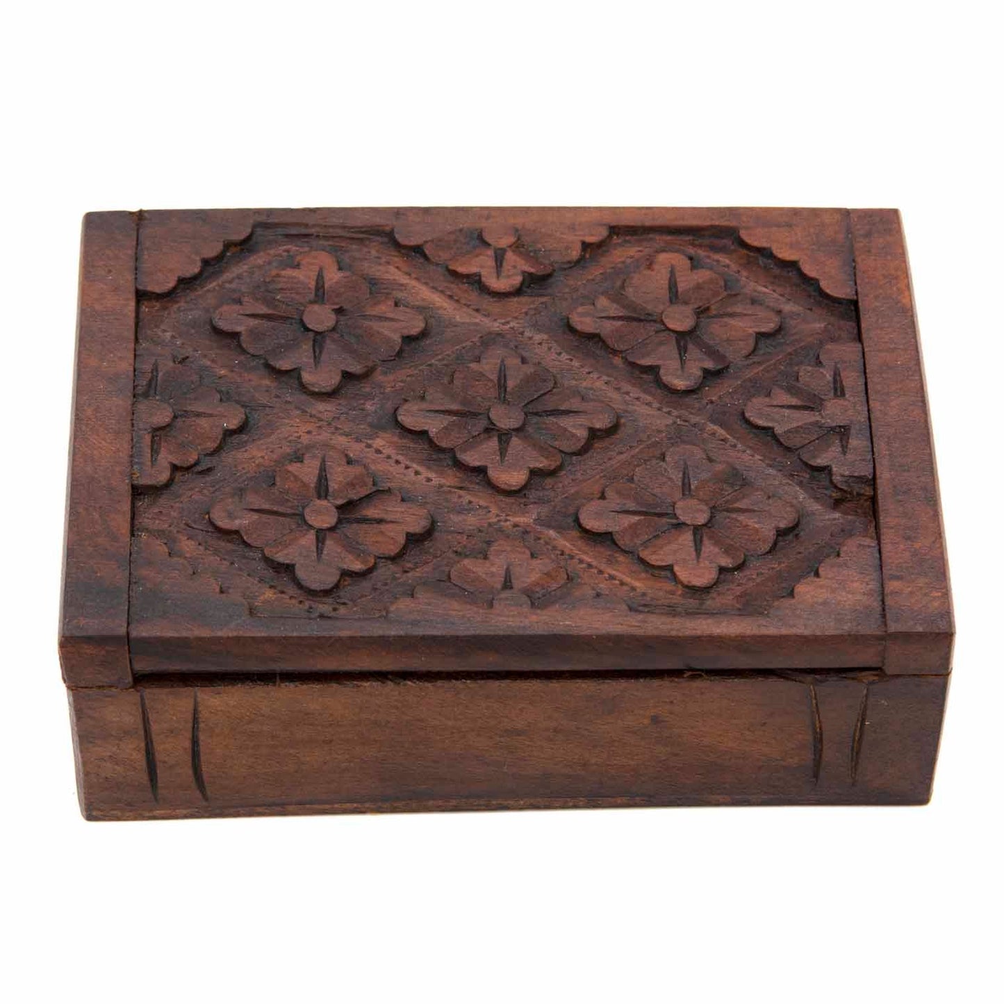 Three-quarter view of carved wood card box showing plain smooth sides and friction-hinge lid, white background