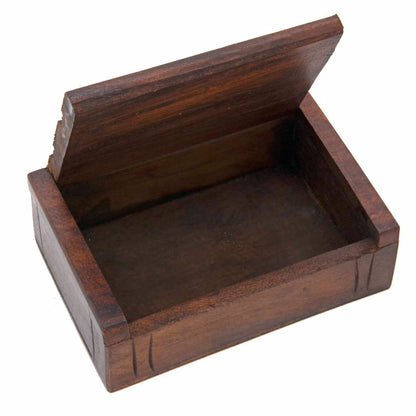 Open carved wood playing card box showing plain unlined interior, lid raised, white background