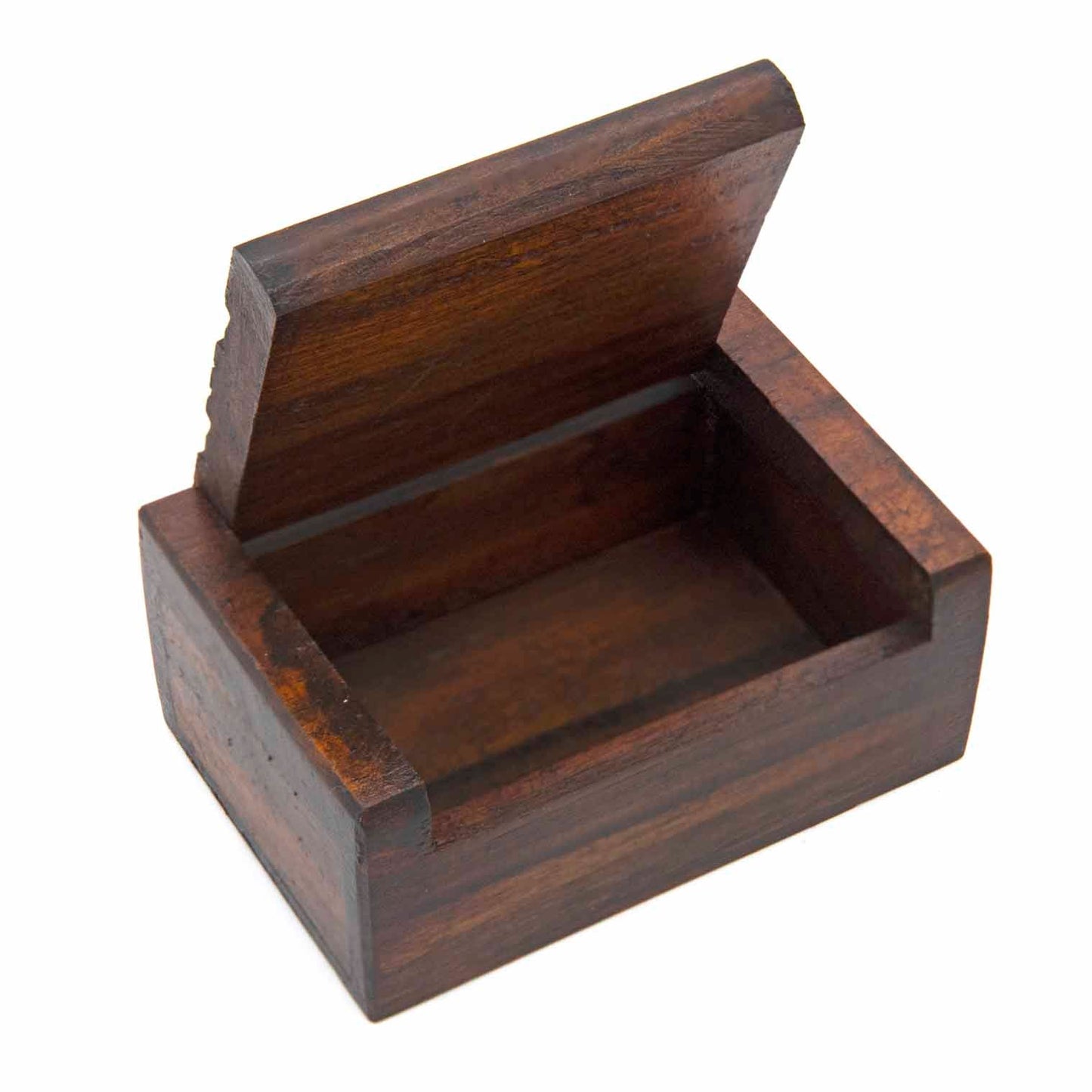 Open mini carved wood box showing plain dark interior compartment and hinged lid raised, white background