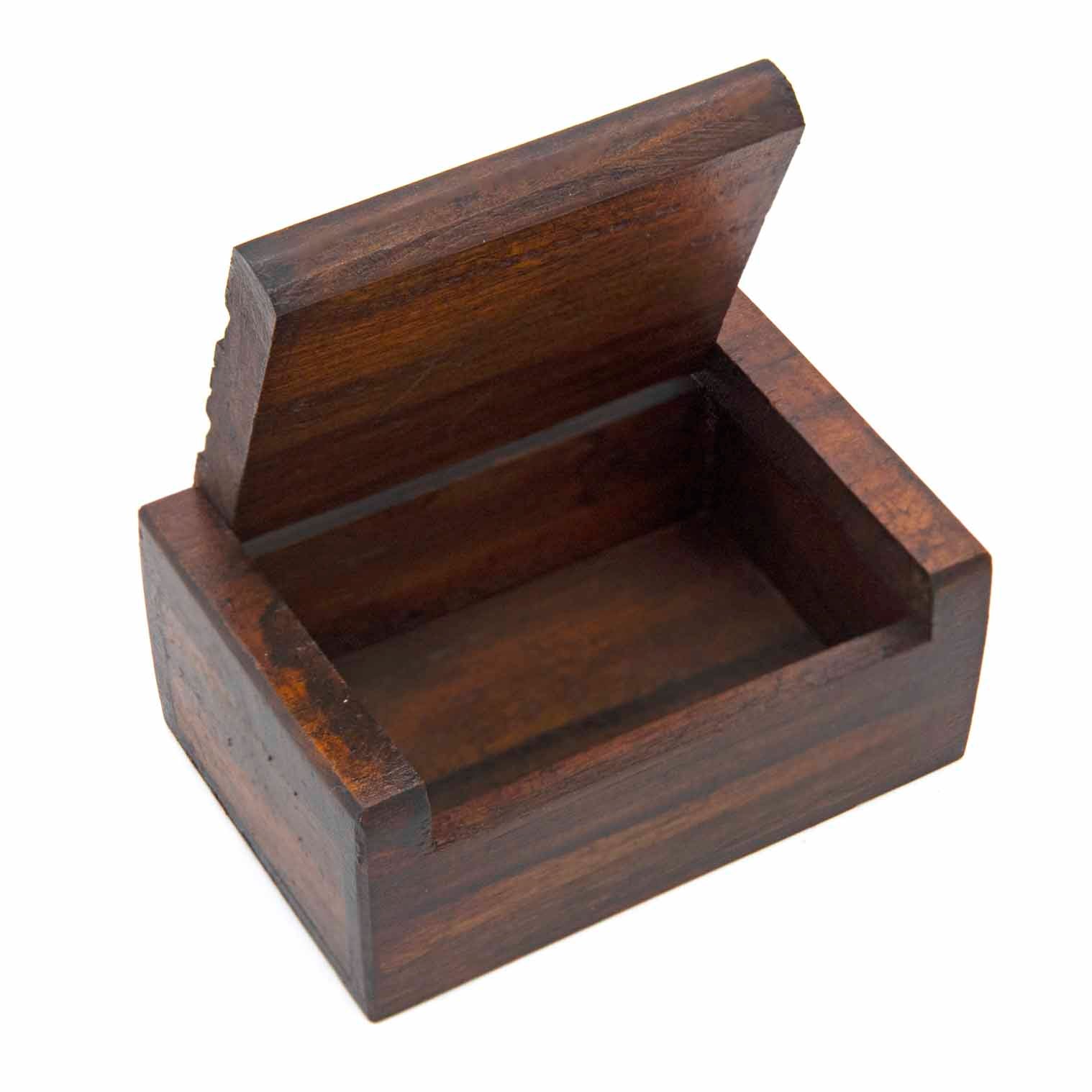 Open mini carved wood box showing plain dark interior compartment and hinged lid raised, white background