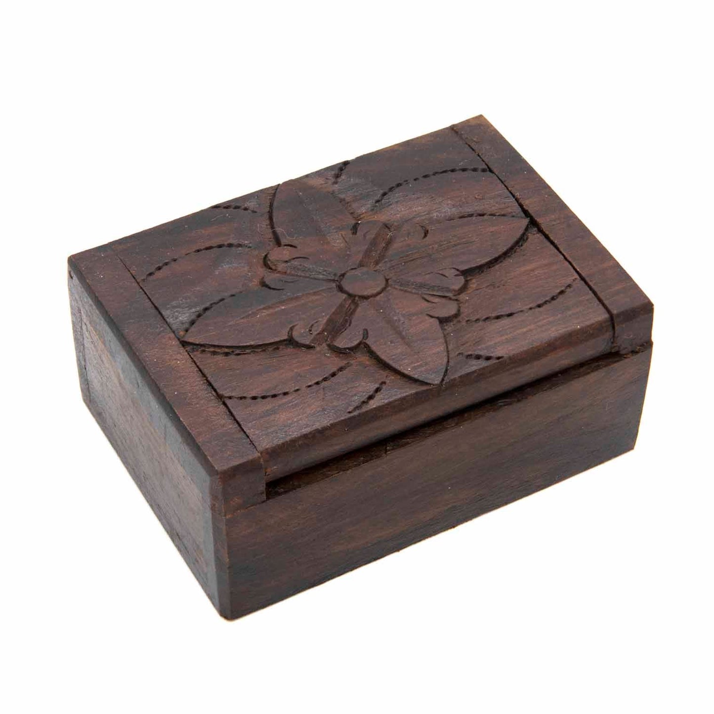 Small carved wooden box with single large flower motif on lid, three-quarter view on white background