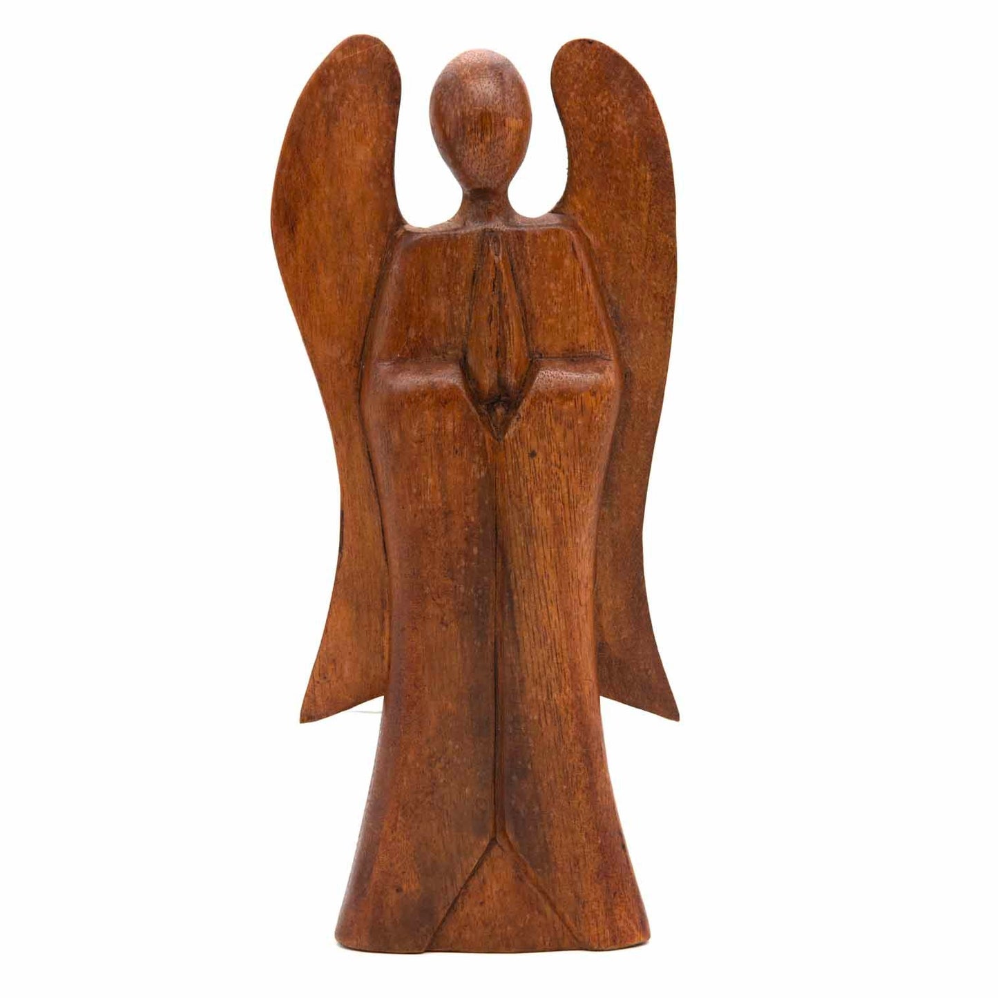Front view of 30cm abstract Balinese wooden angel carving on white background, stained finish