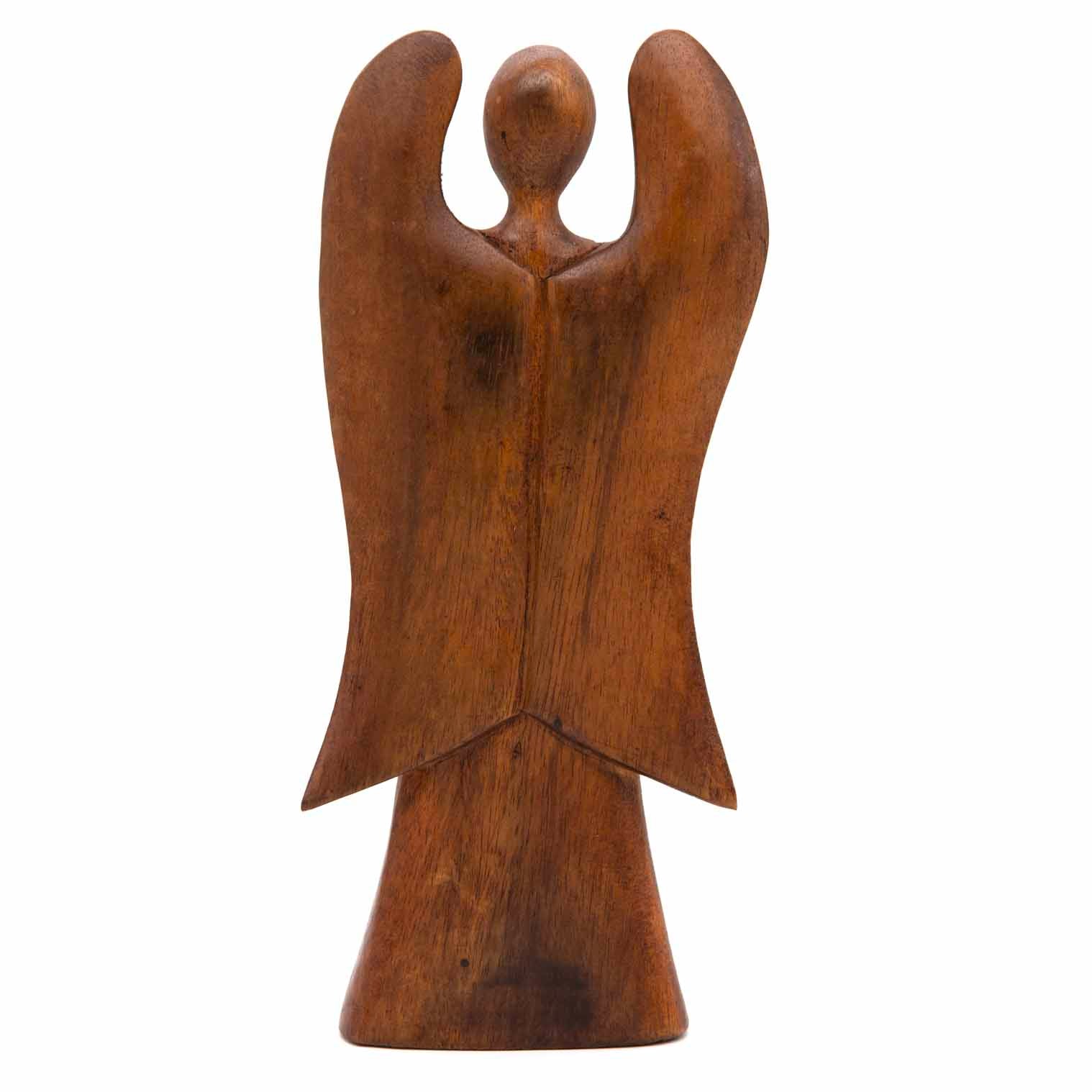 Front view of 30cm abstract wooden angel with wide raised wings, stained wood, Indonesia