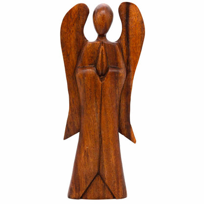 Front view of 40cm abstract Balinese wooden angel carving on white background, stained finish