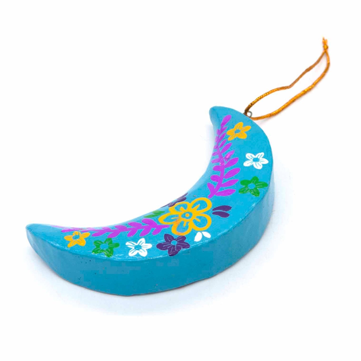 Teal hand-painted wood crescent moon, angled view showing smooth sanded edge and gold cord