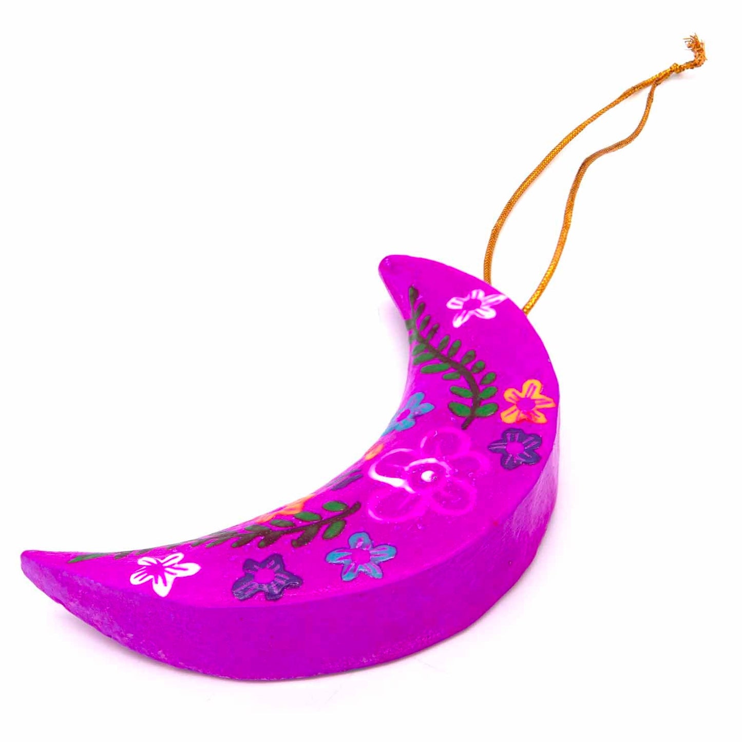 Magenta hand-painted wood crescent moon, angled view showing folk flower detail and gold hanging cord