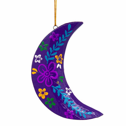 Purple hand-painted wood crescent moon, front view on white background, scattered flower and leaf motifs