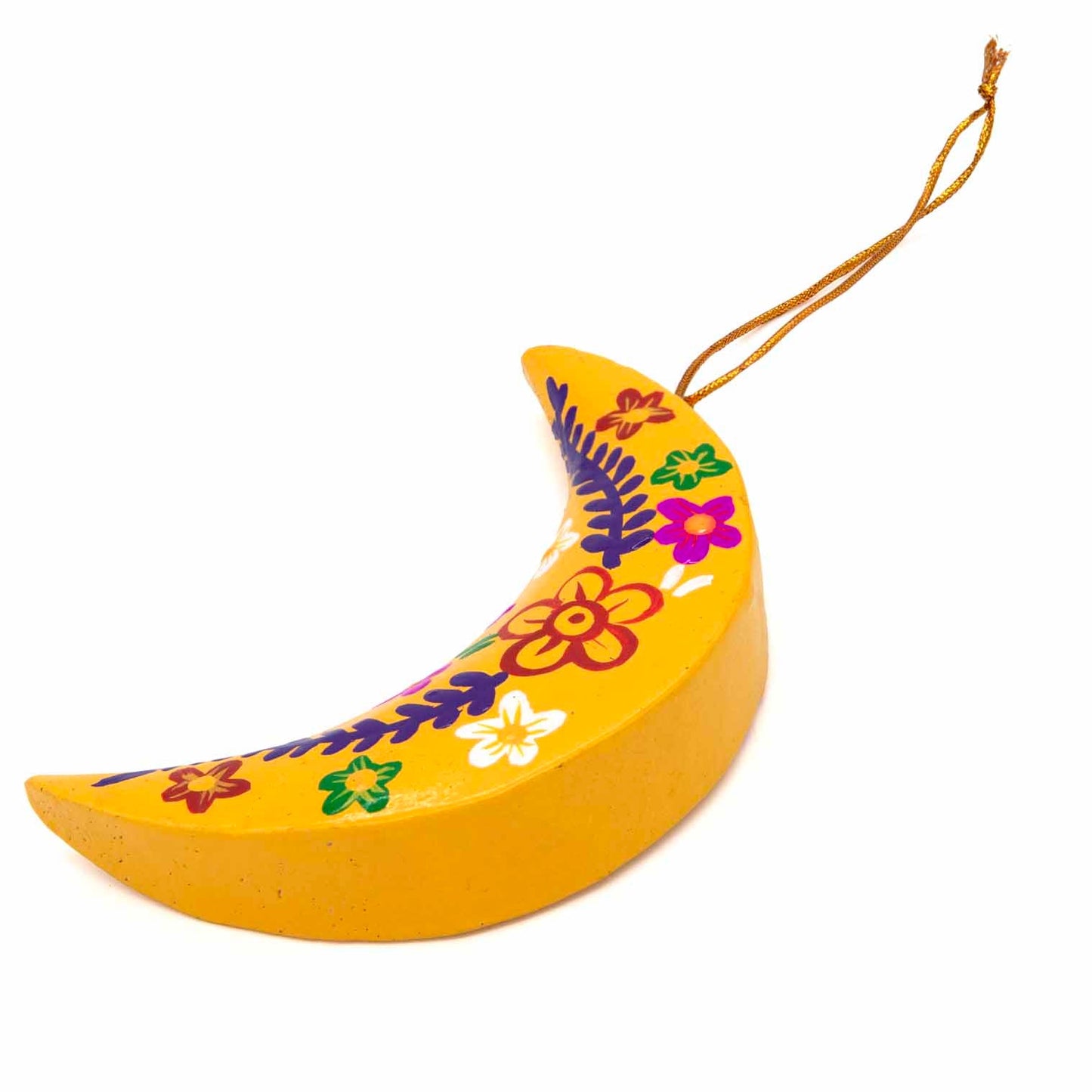 Yellow hand-painted wood crescent moon, angled side view showing depth of cut wood form