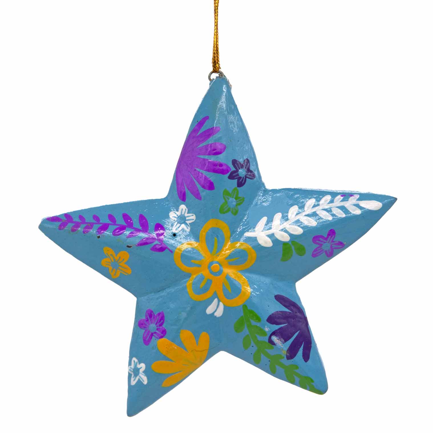 Teal hand-painted wood star, front view showing yellow and purple folk flower and leaf motifs, Bali